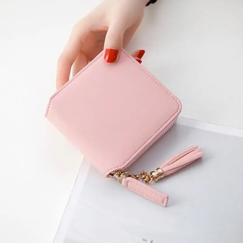 Pink Новые повседневные Кошельки для монет Carteira Кошелек большой емкости женский кожаный кулон кисточка кошельки для денег Portefeuille Femme клатч - Color: Pink