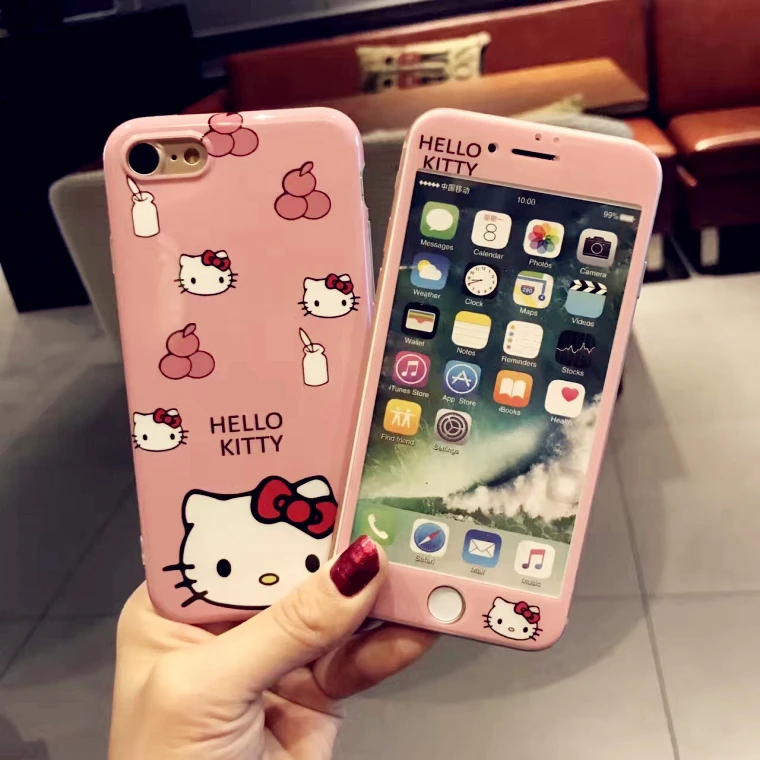 Для iphone 8 plus Китти Кэт розовый TPU Защитный чехол + закаленное Стекло Экран