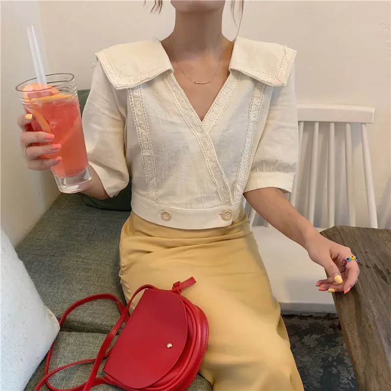 Alien Kitty Fashion Loose All-Match Short Sleeves Retro Summer Patchwork Lace 2019 Casual V-Neck Female Sweet New Style Shirts | Женская