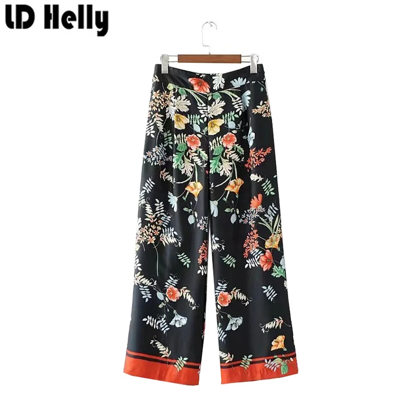 LD Helly винтажные женские черные длинные брюки с цветочным принтом модные