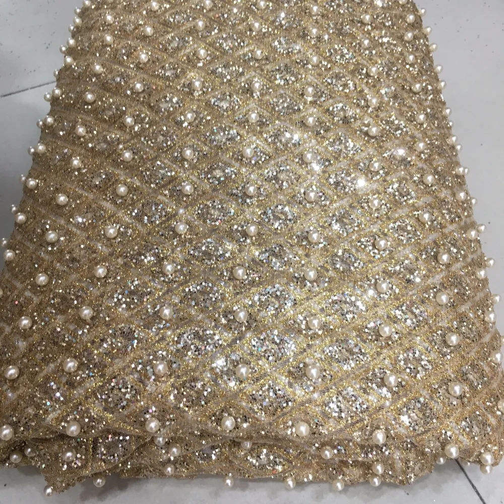 gold glitter lace fabric with beads shiny sugar glued beaded stone embroideried laces african western style for party dress | Дом и сад