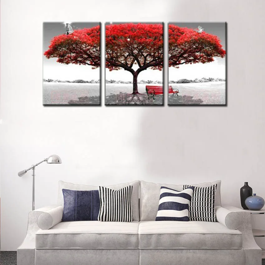 Abstract modern No Frame mural Red Maple Tree big tree Oil Paintings on Canvas 3pcs home Decor Wall Art Paints for living room | Дом и сад