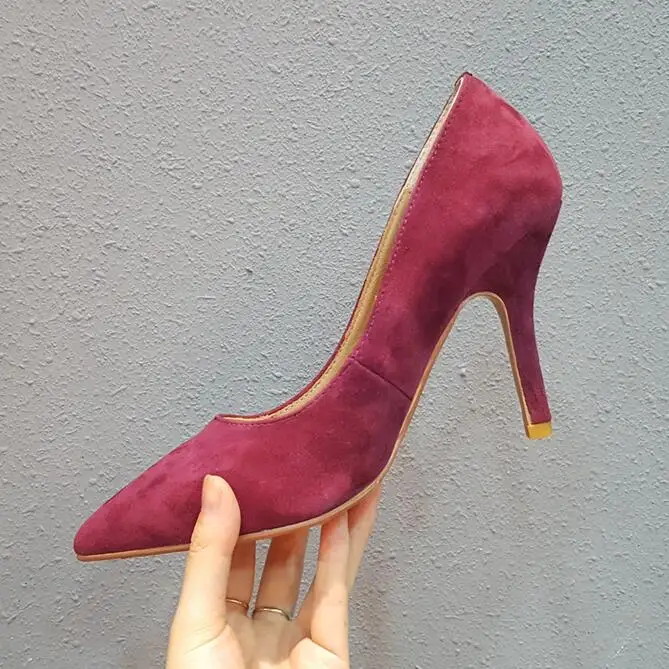 10cm Wine Red SANLUME/женские модные туфли-лодочки на высоком каблуке из натуральной замши; женские черные модельные туфли с острым носком; каблук 10 см; внутри из овечьей кожи - Цвет: 10cm Wine Red