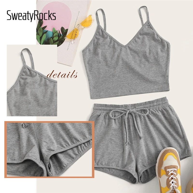 SweatyRocks однотонный топ на бретельках и шорты с завязками на талии женские летние спортивные шорты базовый комплект из двух предметов шорты в уличном стиле
