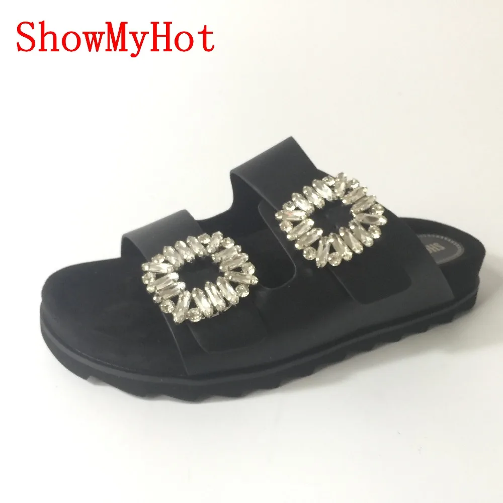 ShowMyHot/женские шлепанцы из натуральной кожи с открытым носком пряжкой стразы