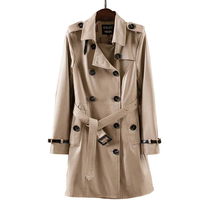 2018 new designer Khaki soft matte leather classic style two line button with belt women lady autumn winter Slim Long Trench
