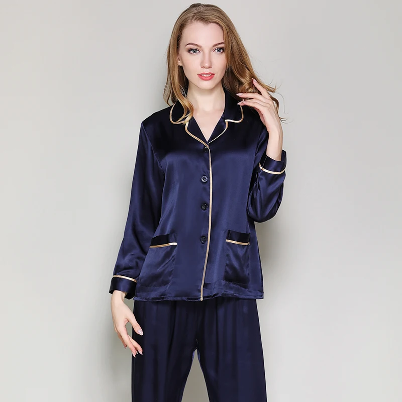 silk stain pajama set full sleeve 2019Spring Autumn100% Silk Women Pajamas Sets of Sleepcoat & Sleep pant female home clothes