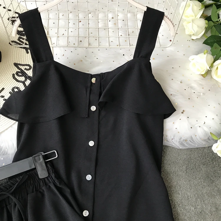 ALPHALMODA/ летний однобортный Топ с оборками+ широкие брюки, Женский повседневный комплект из 2 предметов, женские летние однотонные штаны, костюмы