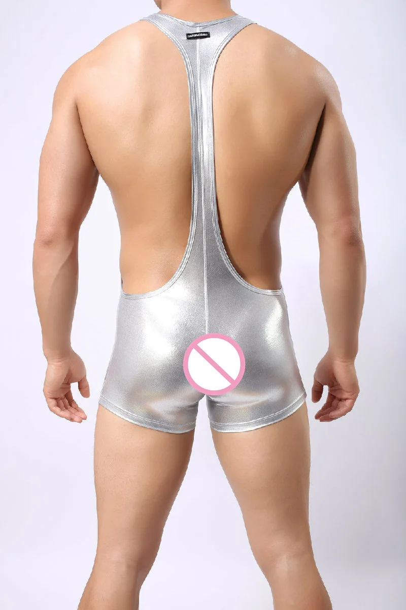 YUFEIDA Sexy Men's Lingerie Bodysuit Wrestling Singlet Brilliant Gold Jumpsuits Bodybuilding Leather Leotard Brace Erotic Linger | Мужская