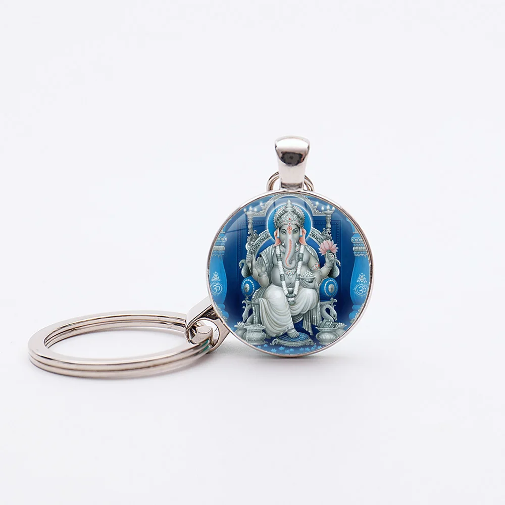 

New Ganesha Statue keychain Hindu Ganapati Keyholder Buddhist Jewelry Glass Dome Pendant Keychains