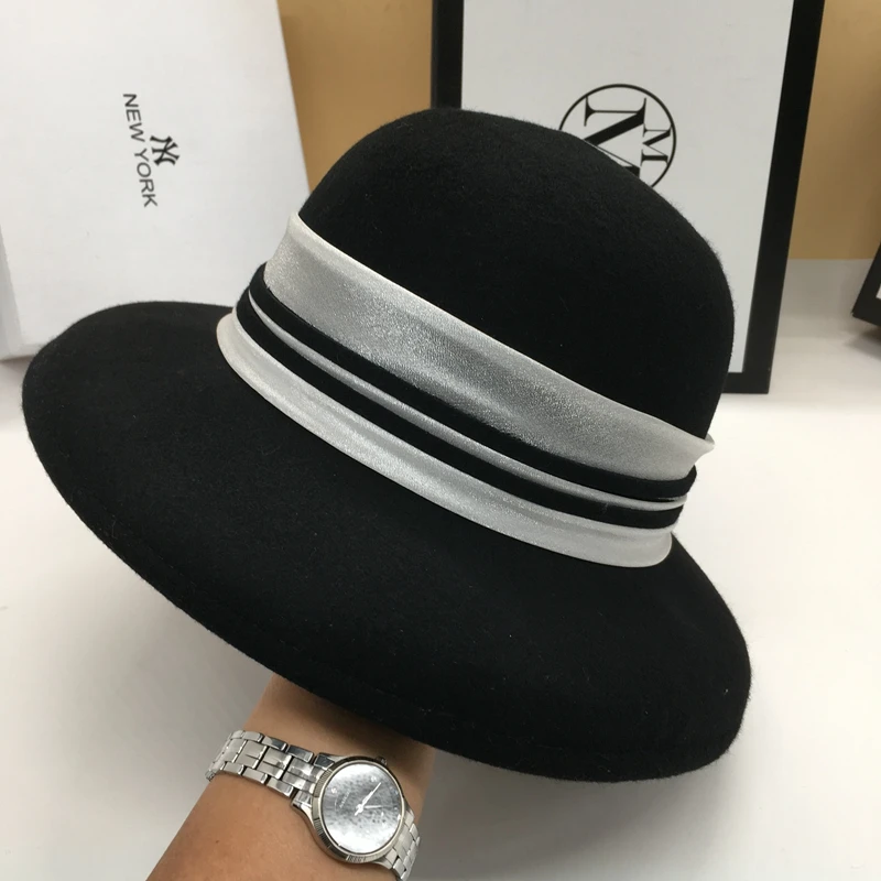 Шерстяная шляпа в рыбацком стиле Черная Женская милая с бантом|Женские кепки