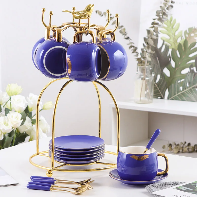 6-piece set Blue Модный набор кофейных чашек с принтом губ, фарфоровый набор чайных чашек из костяного фарфора, Набор чашек и блюдцев, чайные вечерние стаканы, свадебные подарки - Цвет: 6-piece set Blue
