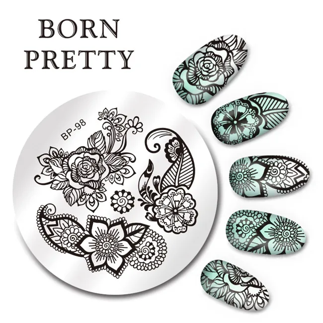 BP 98 1 шт. BORN PRETTY Flower дизайн ногтей штамп шаблон Арабеска Бабочка Цветочная волнистая линия сетка в полоску дизайн 5,5 см круглая пластина изображения - Цвет: BP 98