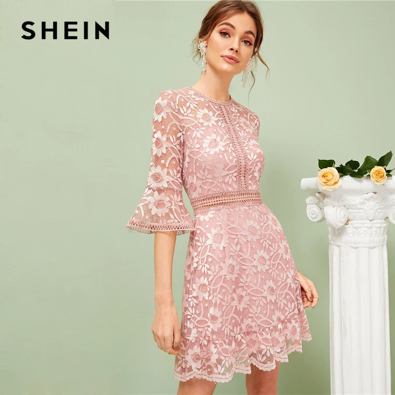 SHEIN, кружевное платье с рукавами-воланами, весенне-летнее платье, романтичное розовое однотонное эластичное ТРАПЕЦИЕВИДНОЕ ПЛАТЬЕ С Высокой Талией