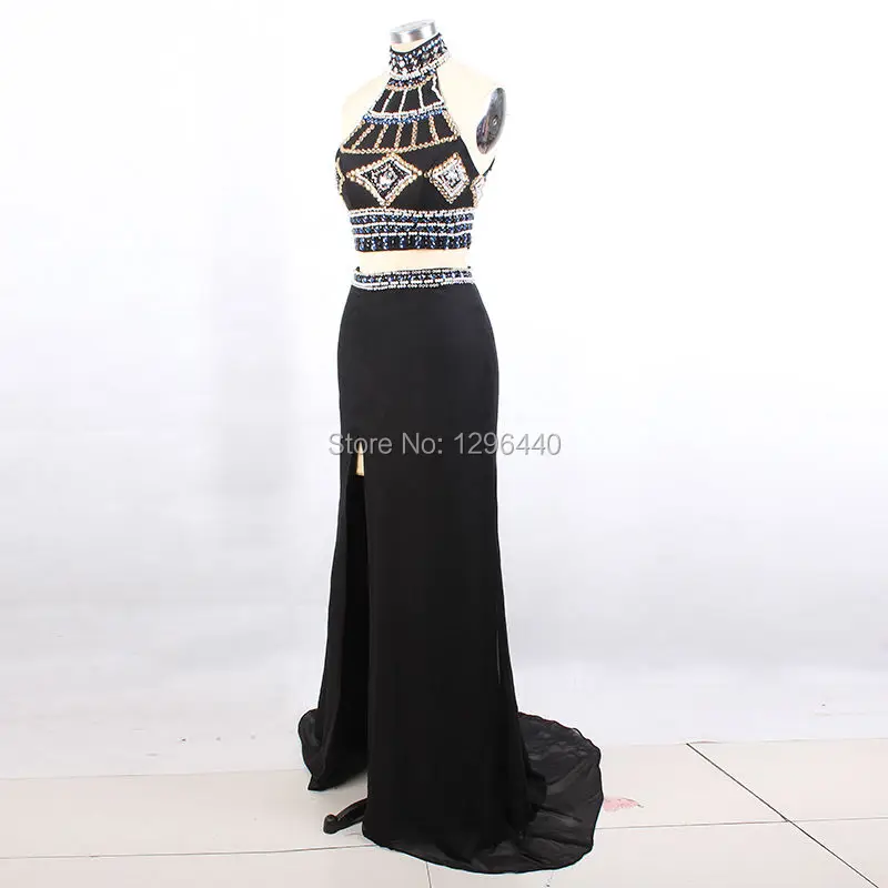 Халат Де Вечер Высокая Шея Длинные Вечерние Платья Черный Шифон Банкета Кристалл