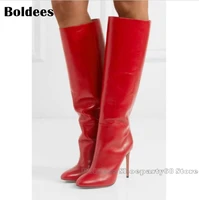 fashion botines mujer pure red leather show design pointed knee lengh high heel winter boots