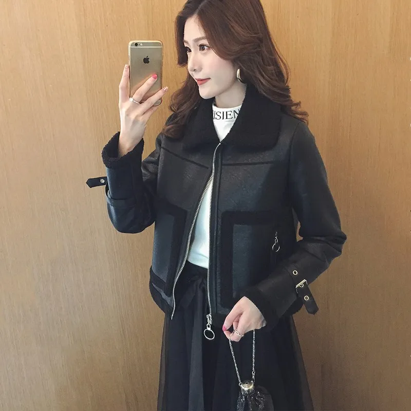 

Autumn and winter women's lapel PU leather lamb hair plus velvet thickening motorcycle clothing leather short coat JQ358