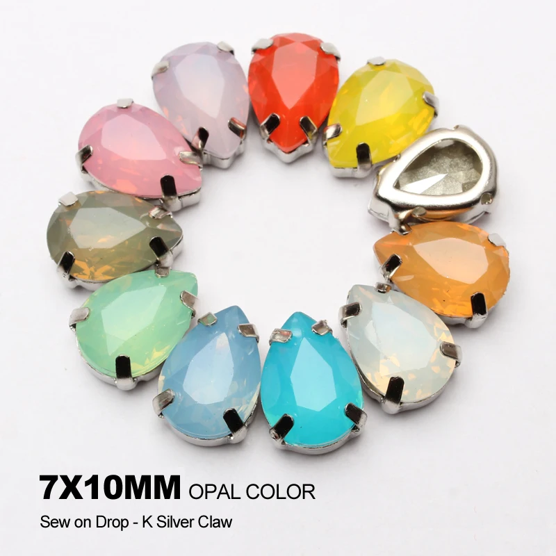 

New Selling Sew on Silver Claw Rhinestones 7X10MM Opal color Drop Resin Stones For Garment DIY Free Shipping