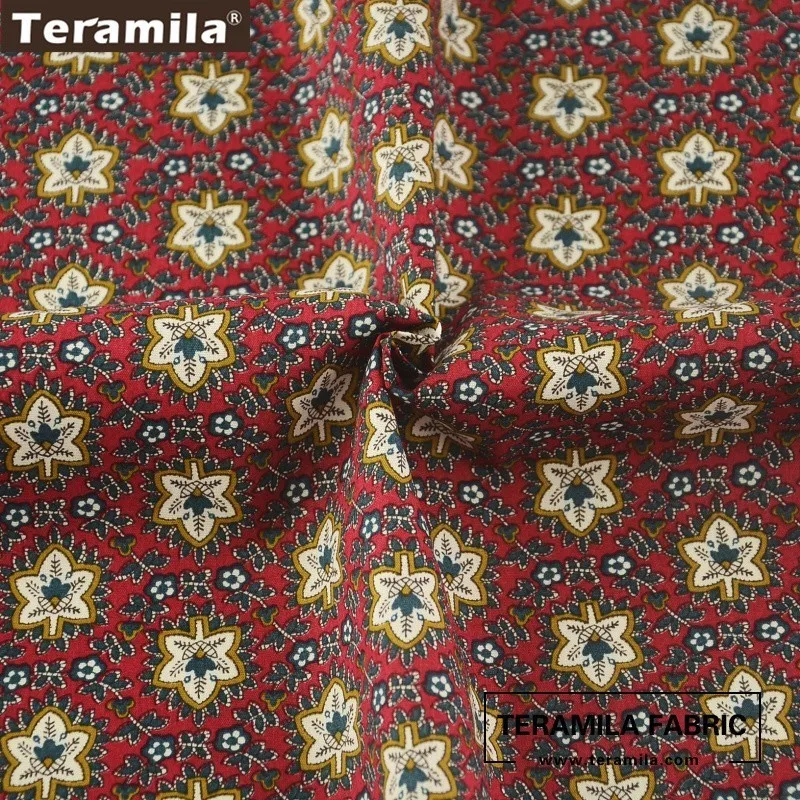 Хлопок Teramila ткань поплин мягкая красное платьес большимпринтом листья Стиль