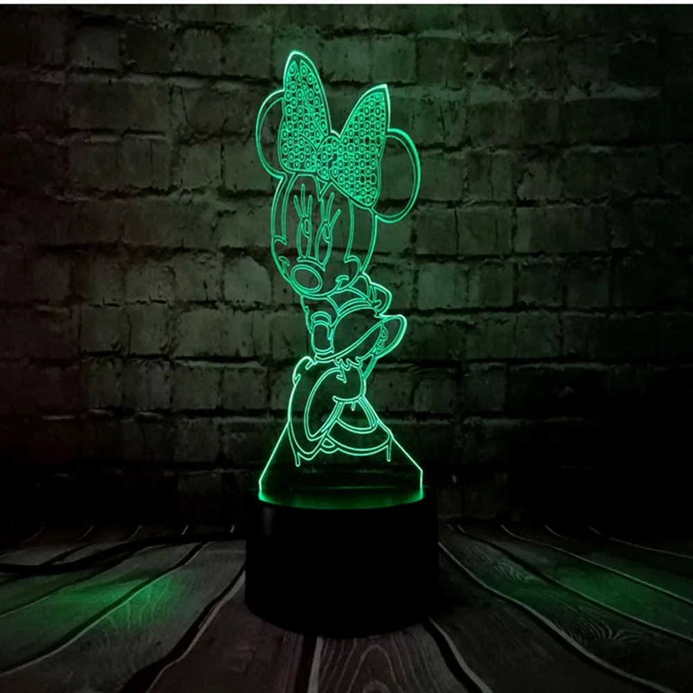 Мультяшный ночной Светильник 3D акриловый Минни Маус RGB декор для детской комнаты для сна светодиодный 7 цветов USB зарядка блеск детский день подарок для девочки