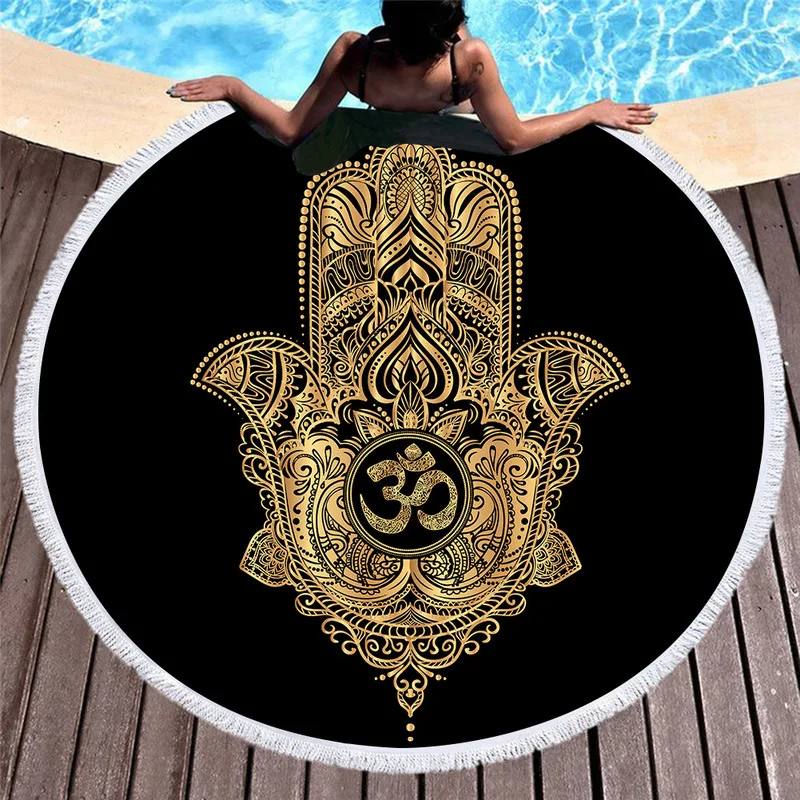3d Digital Printing Gold Palm Beach Towels for Women Retro Lotus Stars Black Round Towel Bedroom Decorations Yoga Mat |