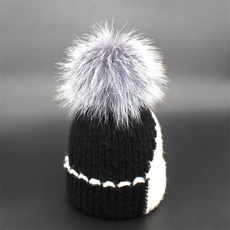 Милые вязаные шапочки, детская зимняя шапка, детские шапки gorro, шапки из натурального меха серебристой лисы для девочек - Цвет: black