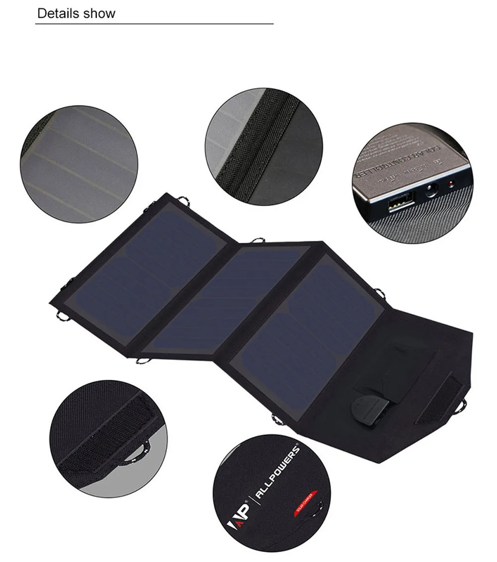 

ALLPOWERS Manufacture 18V 12V 5V 21W Foldable Solar Panel Charger Mobile Power Bank for iPhone Laptop CellPhone Battery USB etc