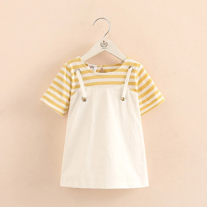 2021 Summer Little Kids Patchwork Short Sleeve Striped Fake Two Pcs Suspenders Dresses For Girls of 2 4 6 8 10 12T Years Old | Детская