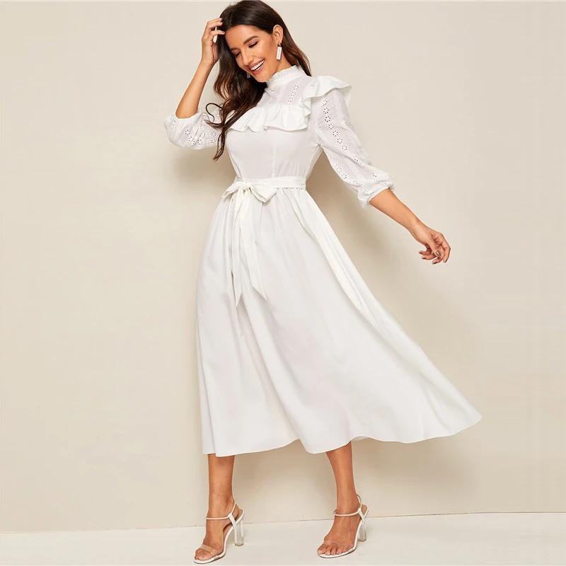 SHEIN женское платье с декоративной оборкой и поясом, весенне-осеннее длинное платье, приталенное и расклешенное ТРАПЕЦИЕВИДНОЕ элегантное платье в стиле ампир