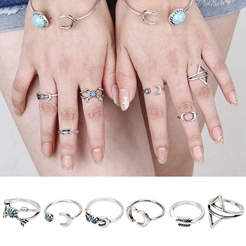 Hot 6Pcs Arrow Moon Triangle Above Knuckle Ring Mid Finger Tip Stack Rings 6Y1T 7FO3 BCTR | Украшения и аксессуары