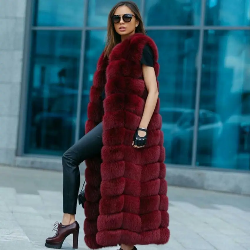 wine red 10 шагов 120 см супер длинный меховой жилет Зимний женский роскошный жилет из искусственного лисьего меха Пушистый Тонкий женский жилет из искусственного меха размера плюс искусственный мех wj1342 - Цвет: wine red