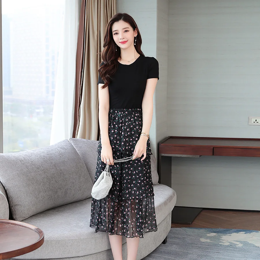 2021 черный из шифона с цветочным рисунком костюм двух предметов платье миди в