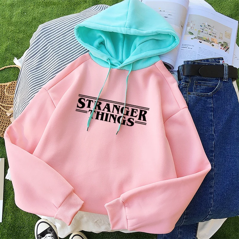 

Fall Winter New Fleece Patchwork Hoodies Fashion Women Casual Long Sleeve Pullover Stranger Things Letter Print Sweatshirt Tops