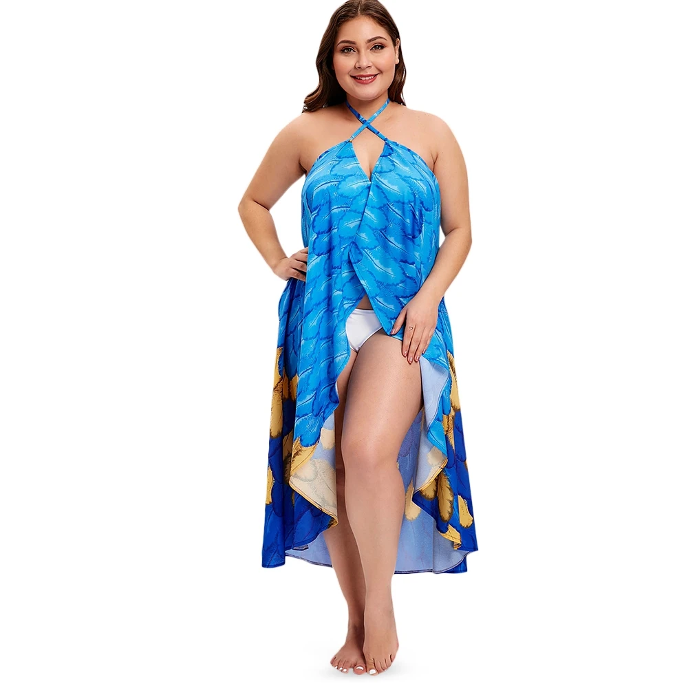 Женское платье с принтом перьев повседневное пляжное лямкой на шее большие