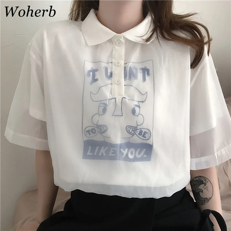 Woherb Kawaii футболка сетчатый топ Для женщин Повседневное белая футболка из хлопка с принтом хлопковая Графические футболки газовая футболка с нашивкой рубашка летние топы 21043