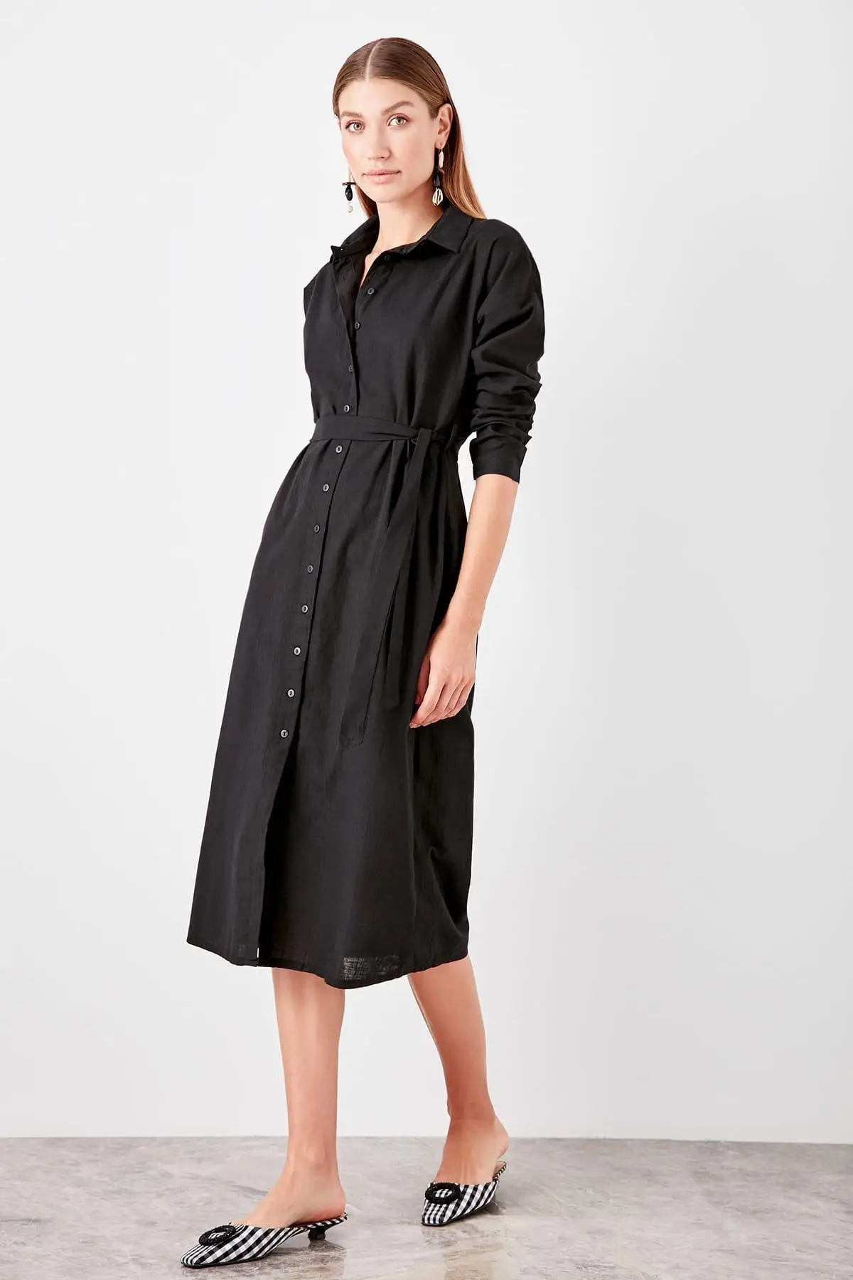 Trendyol черное платье рубашка TWOSS19EL0456|Женские платья| |