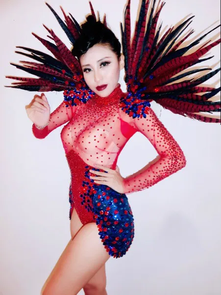 Women Sexy See-through Red Feather Sparkly Rhinestones Bodysuit Nightclub Bar Dance Teams DJ DS Show Female Singer Stage Costume |