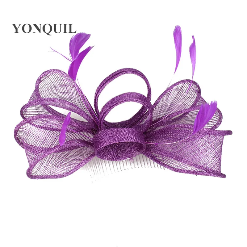 

Ivory Fascinators with Purple Feather Decoration High Quality Sinamay Kentucky Millinery Hats Great Cocktail Hats Bride Headwear