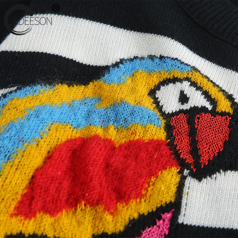ORDEESON Stripe Parrot Embroidery Long Oversized Sweater Women Sweaters and Pullovers Jumper winter round neck Knitted | Женская одежда