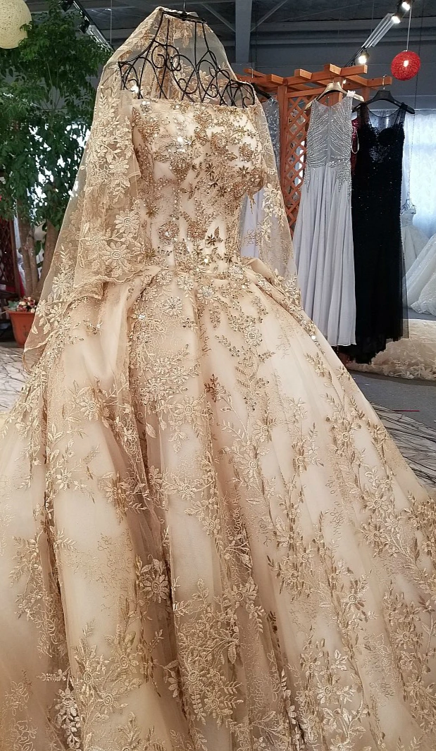 Without train SSYFashion, Новое высококачественное Золотое свадебное платье, роскошное, дубайское, винтажное, кружевное, с вышивкой бисером, со шлейфом, невеста, свадебное платье на заказ - Цвет: Without train