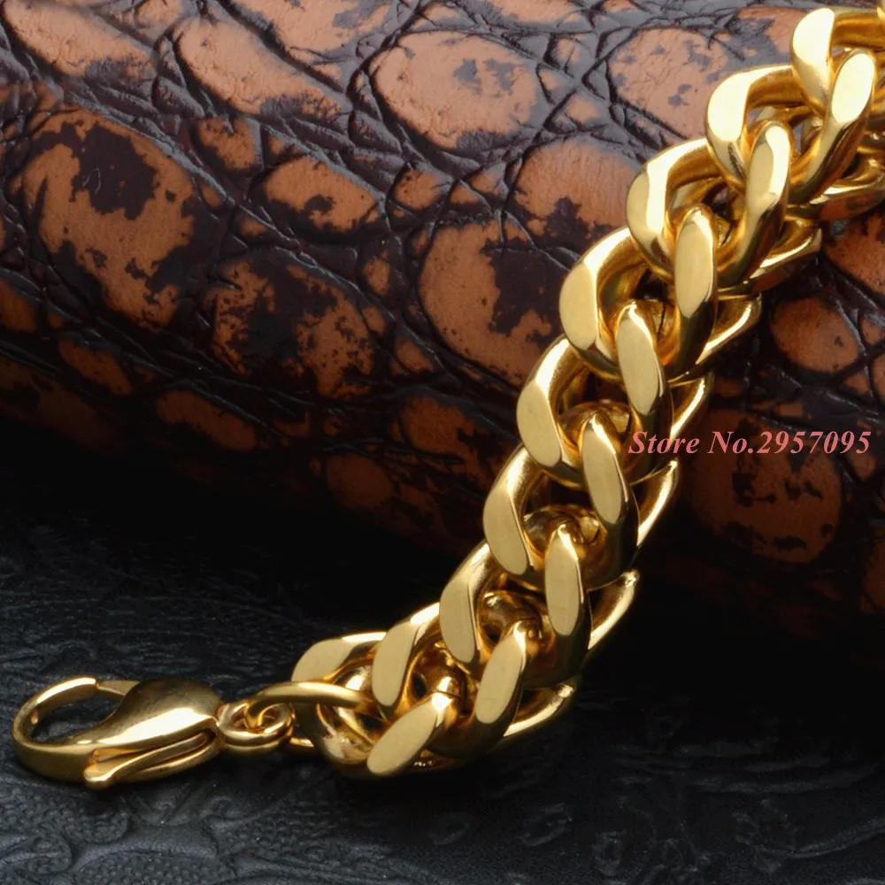Мужская нержавеющей стали звено цепи браслет цвет золотистый Байкер ювелирные
