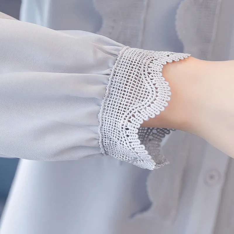 Женская кружевная блузка Повседневная шифоновая приталенная офисная с длинным