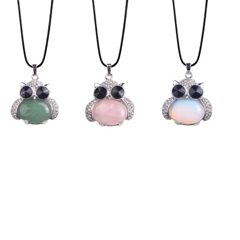 

Natural stone Crystal Owl Necklaces & pendants Pink Quartz Green Aventurine Women Charms Necklace Animal Jewelry Lol