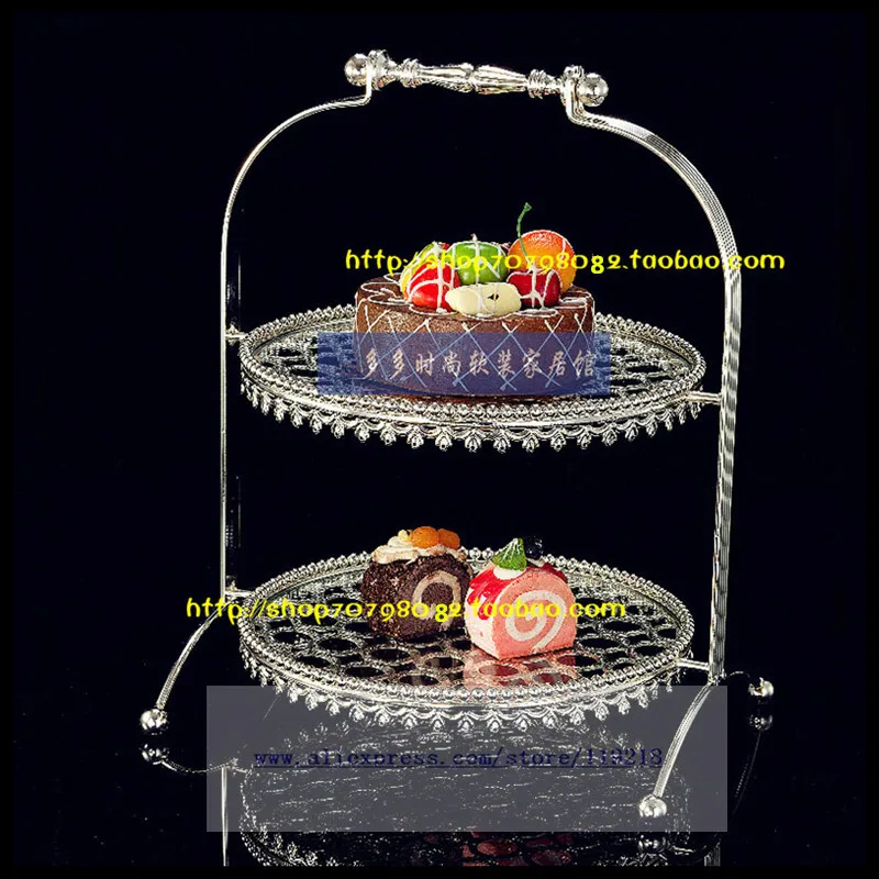 

European silver plated double cake plate afternoon tea pastry snack plate baking paper cup cake plate wrought iron fruit plate