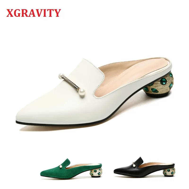 

XGRAVITY Crystal Slides Chunky Heel Hot Point Toe Closed Toe Women Sandals Summer Mules Shoes Elegant Strange Heel Slippers A143