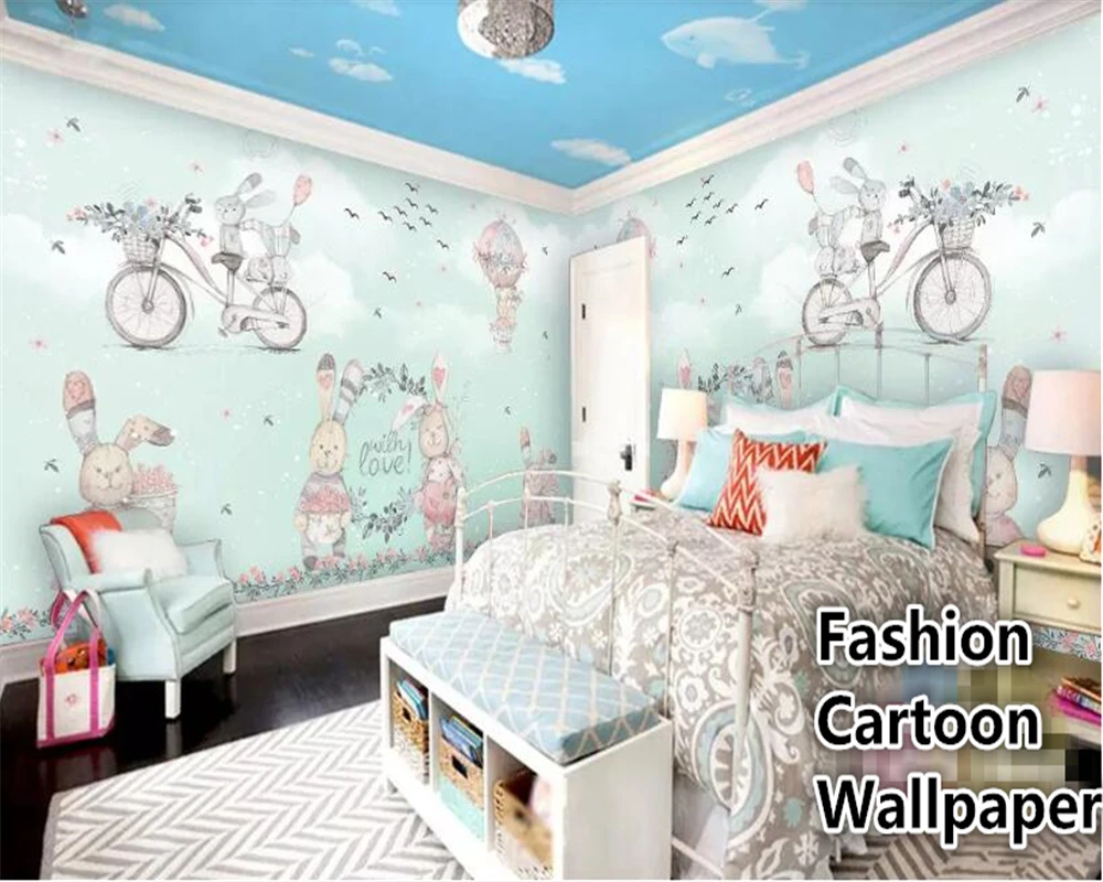 beibehang wall paper for kids room Hot Air Balloon Abstract Bunny Hand Drawn Snowflake Cartoon Background papel de parede 3d |