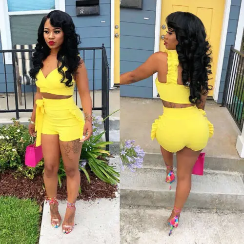 

2Piece Set Women HOT Summer Sexy Womens Yellow Sleeveless V-Neck Short Tops+Ruffles High Waist Shorts