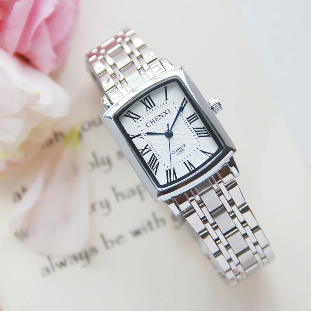 

CHENXI Square Women Watch Roman Numeral Silver Stainless Steel Quartz Watches Men Lover's Lady Clock Retro Casual Couple