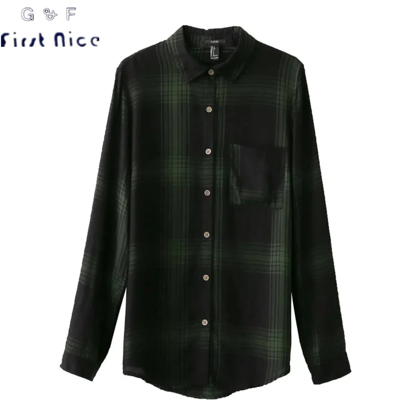 Женщины Блузки 2017 Новая Коллекция Весна Мода Хлопок Плед С Длинным Рукавом Turn down