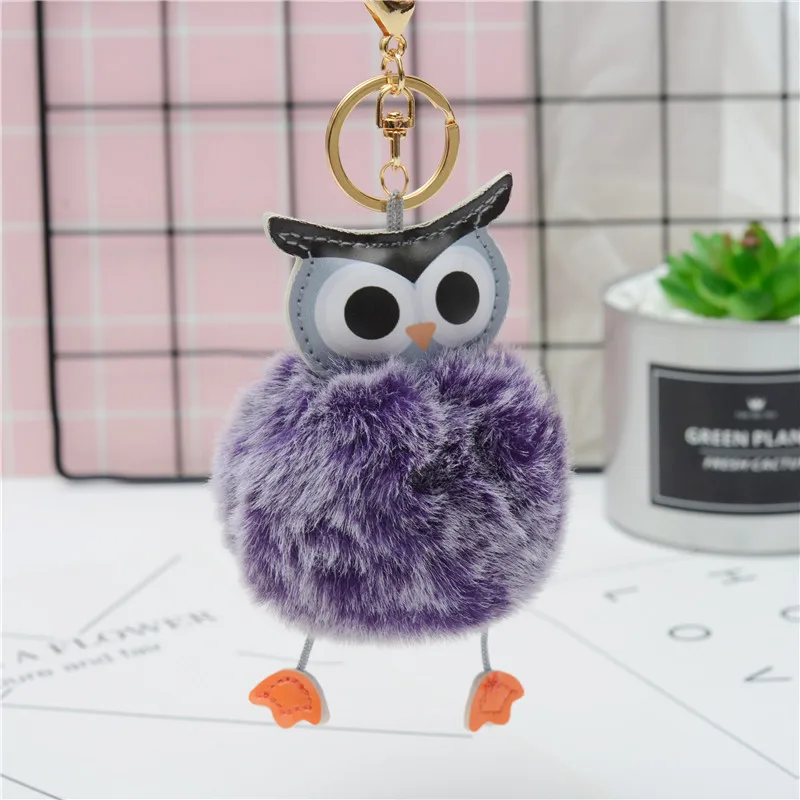 Owl Faux Rabbit Fur Pompom Keychain Fluffy Two Color Animal Ball Pendant Key Rings Holder Bag Ornament for Women EH851 | Украшения и